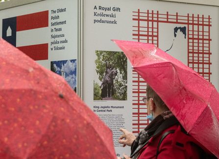 A photograph. People with umbrellas during the opening of an outdoor exhibition.
