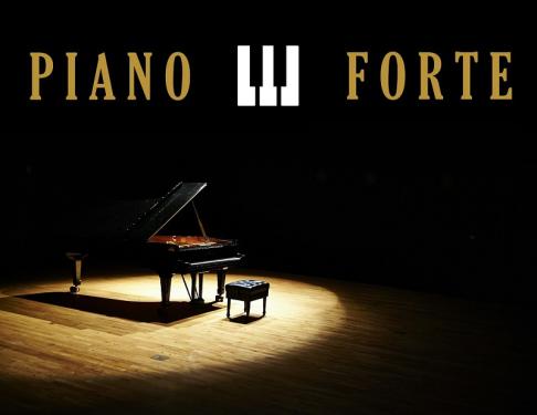 grafika ozdobna ze zdjeciem fortepaniu i napisem "Piano e forte"