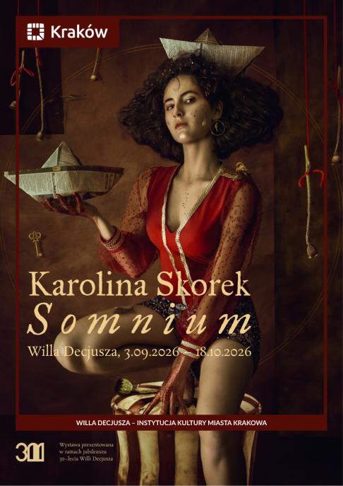 A flyer for the exhibition featuring a surreal photomontage of a woman in a red outfit surrounded by paper boats, evoking a dark, circus-like atmosphere.