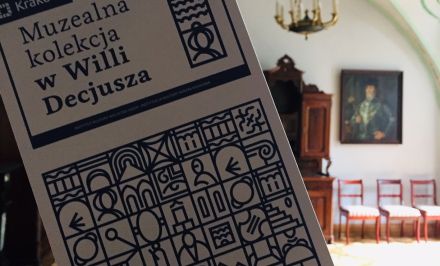 photograph of the leaflet "Museum Collection at Villa Decius" against the background of the room