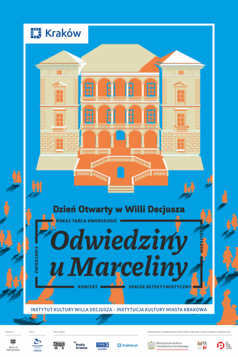 Ozdobny plakat z napisem Odwiedziny u Marceliny i graficznym przedstawieniem Willi Decjusza