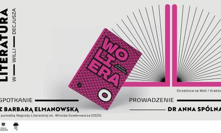 Grafika przedstawiająca cykl Literatura w Willi z książką Barbary Elmanowskiej Woliera