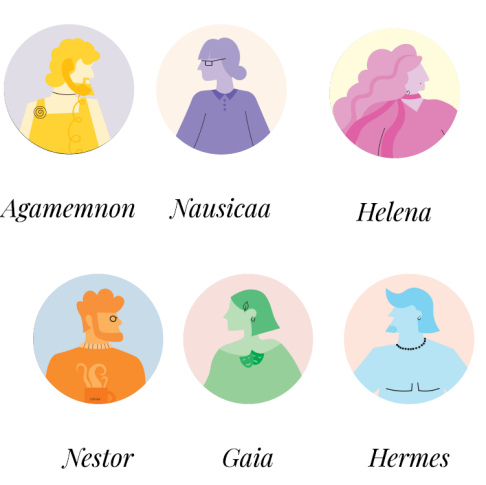 Popiersia postaci w grze podpisane imionami: Agamemnon, Nausicaa, Helena, Nestor, Gaia, Hermes